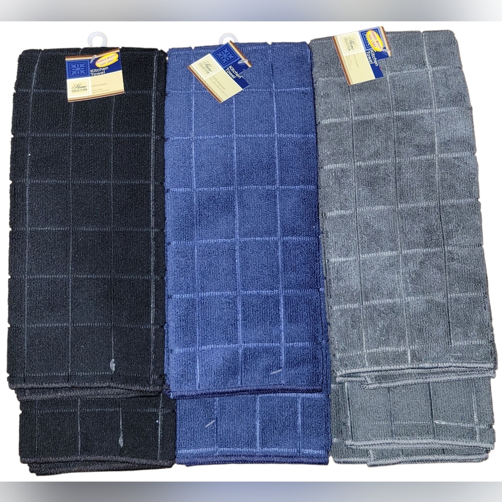 6 Piece Home Collection Kitchen Hand Towels (Black/Navy/Gray)